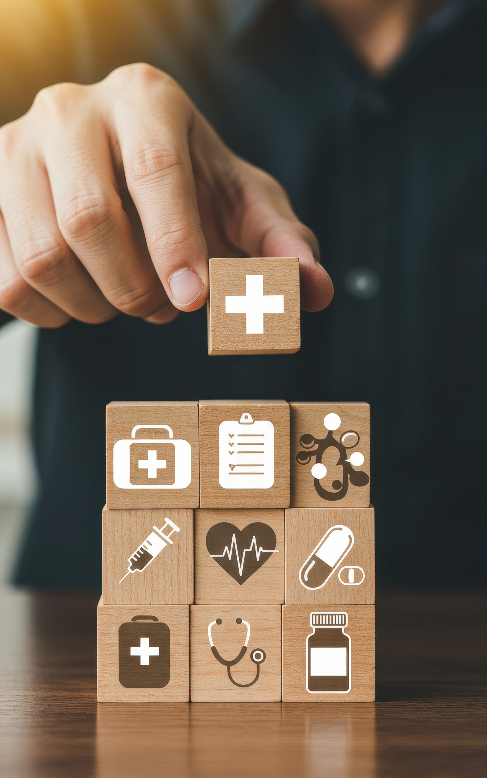 Healthcare Choices: Build Your Health Strategy with Wooden Blocks. Insurance, Medicine, Wellness & Protection Concepts